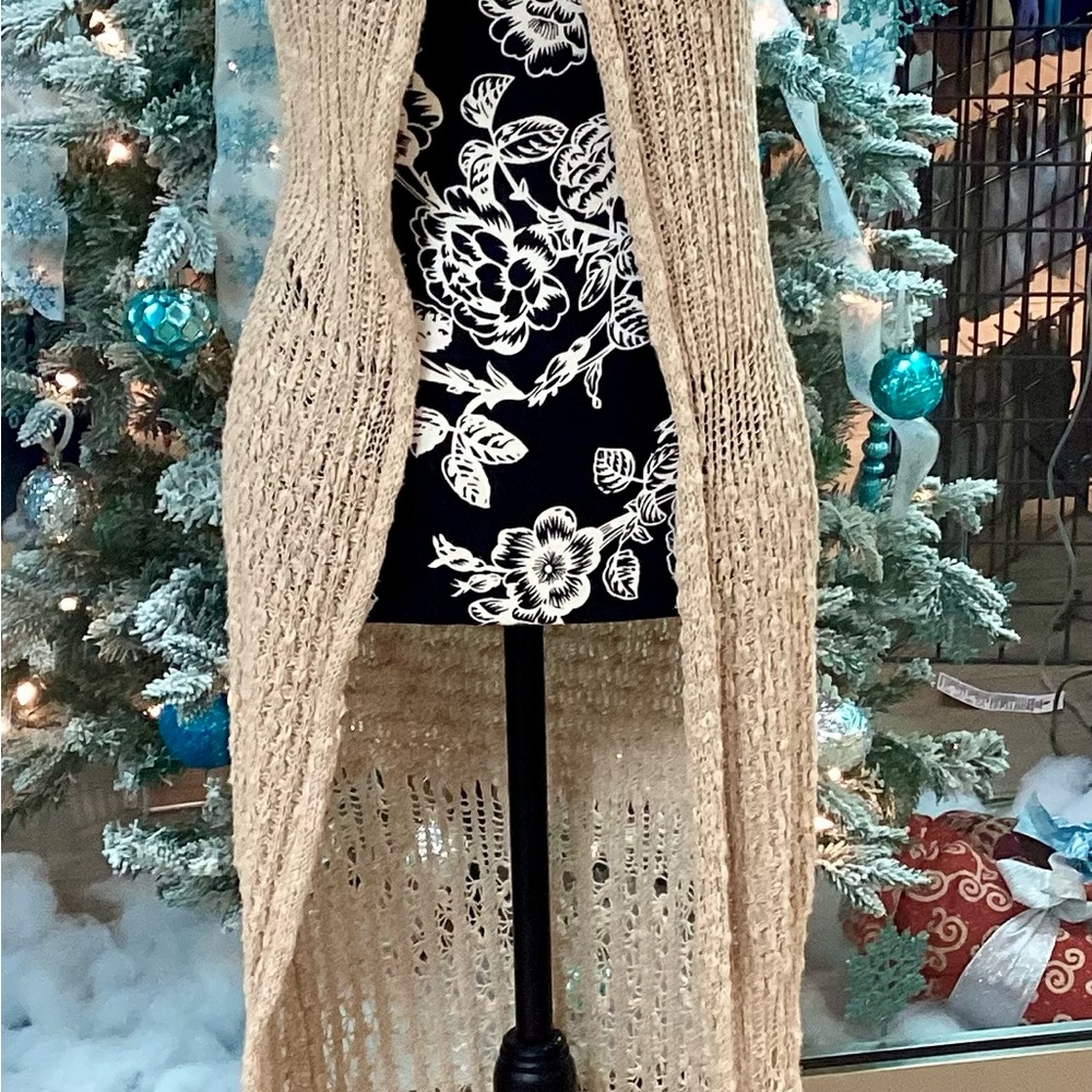 Tan Open-Front Crocheted Maxi Sweater